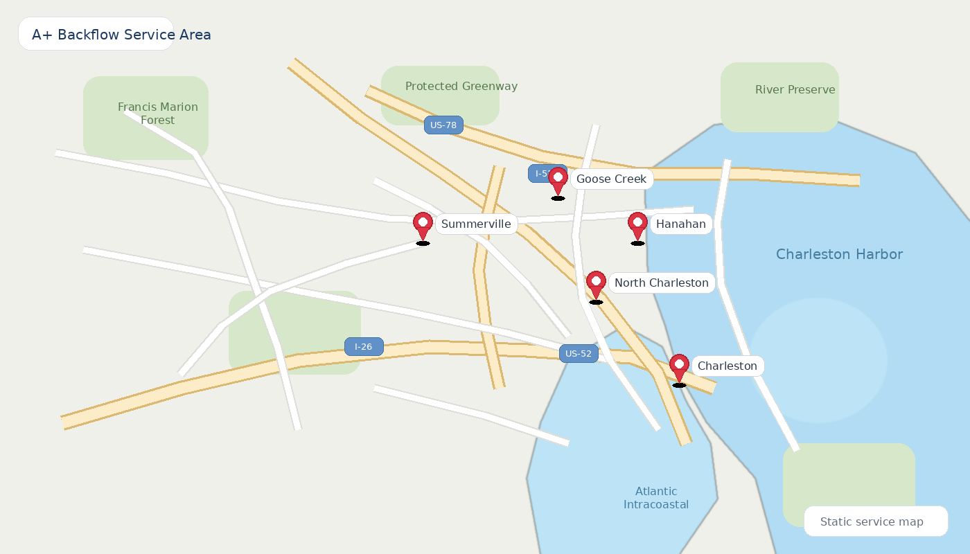 Backflow testing across Charleston, Goose Creek, Hanahan, North Charleston, and Summerville.
