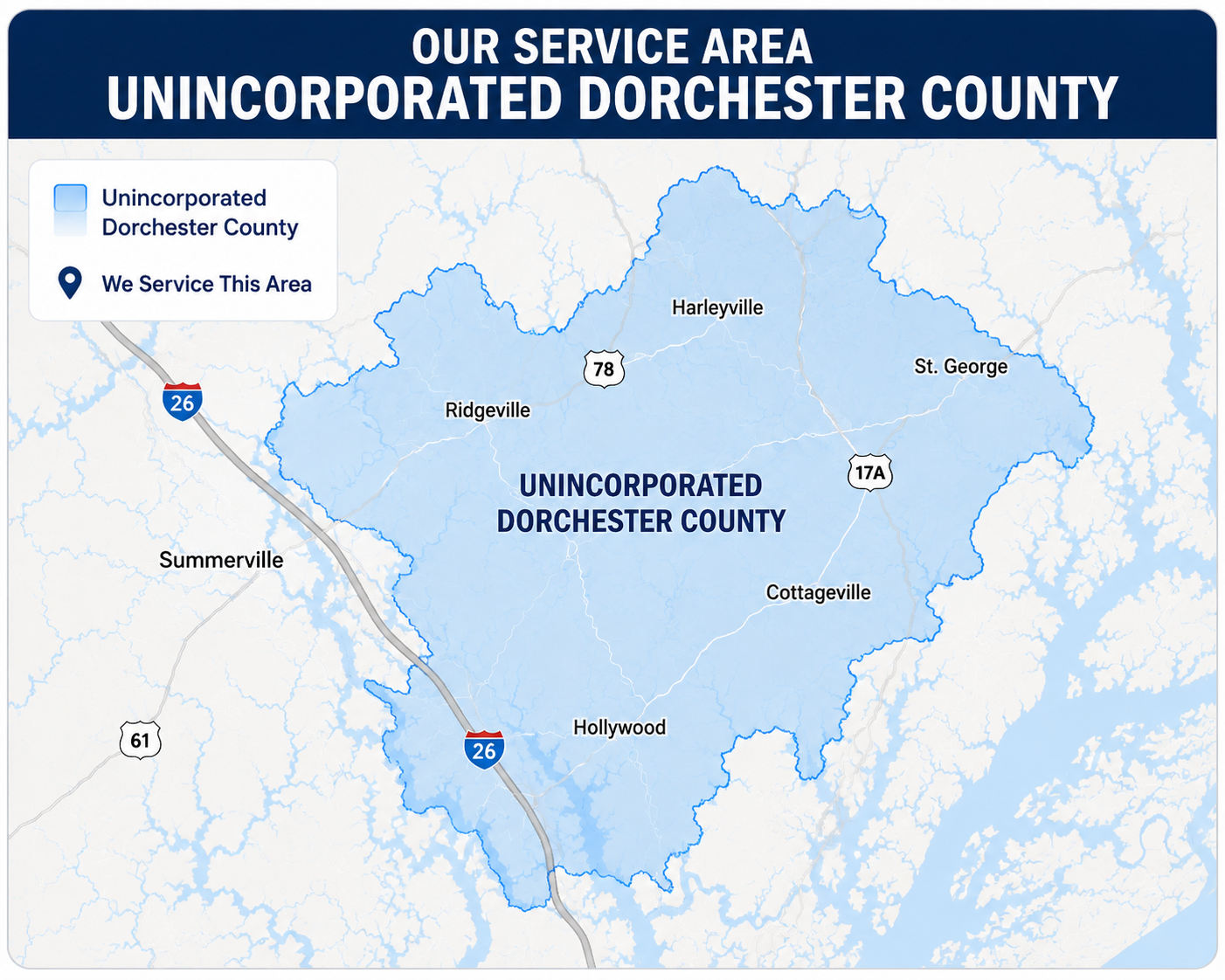 A+ Backflow Testing service area map for unincorporated Dorchester County, South Carolina