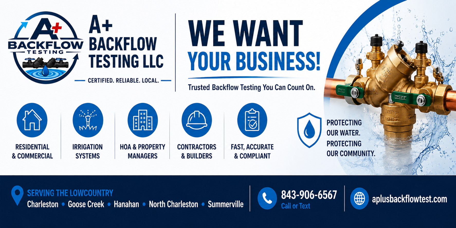 A+ Backflow Testing banner saying We Want Your Business